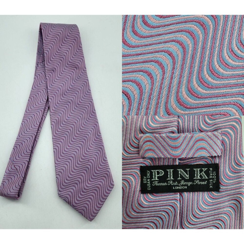 Thomas Pink Men's Pink and Blue Wavy Optical Illusion Neck Tie 100% Silk England